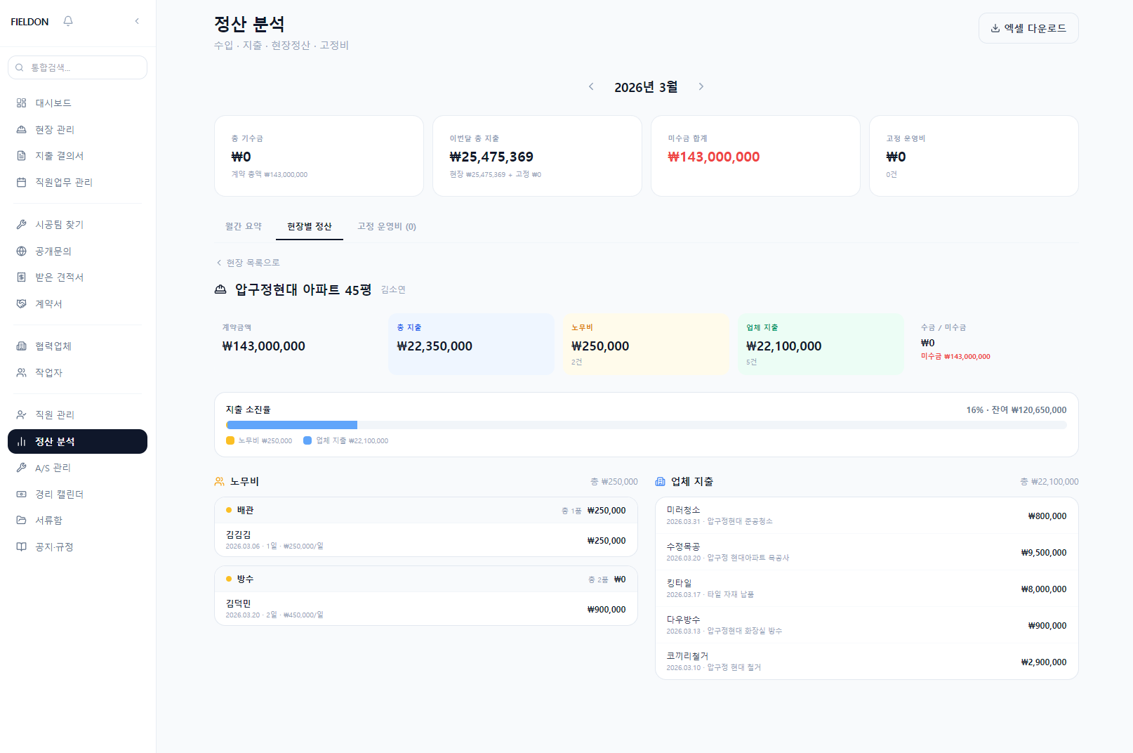 지출결의서 / 월별정산 화면